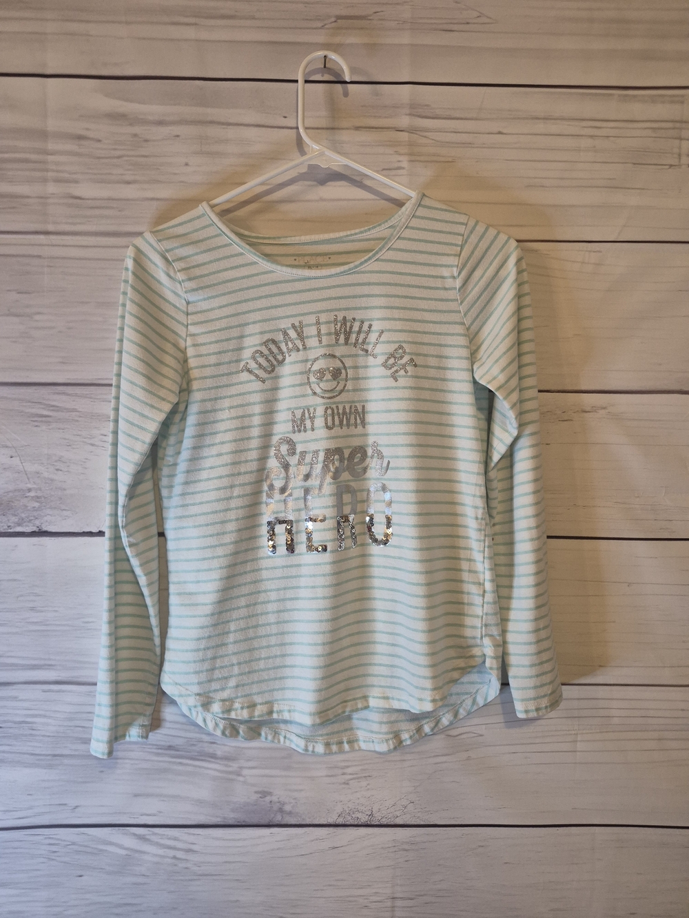 The Children's Place Mint and White Striped Sequin Graphic Long-Sleeve Tee